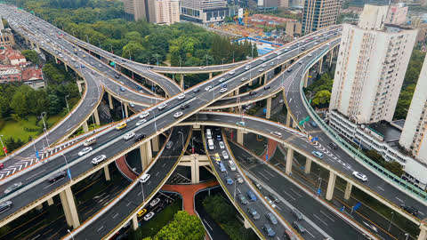 航拍上海延安东路高架立交桥桥上车水马龙非常壮观