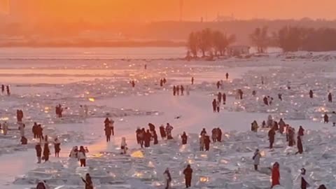 夕陽映照下的爾濱秒變鑽石海,散落在地的大冰塊美輪